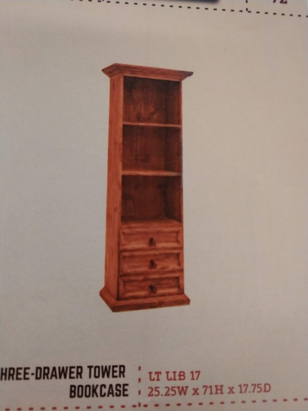 Rustic 3 Drawer Tower Bookcase